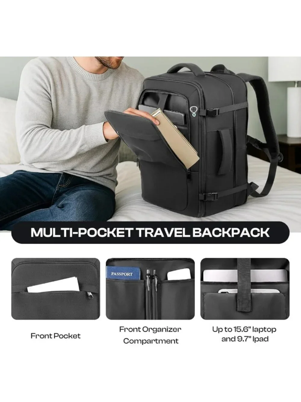 Extra Large 40L-50L Carry-On Backpack, Expandable, Water-Resistant, TSA